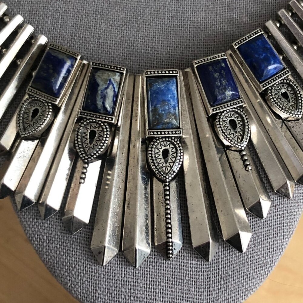 Bold Faux Lapis Lazuli Choker Bib Necklace - Picture 2 of 5